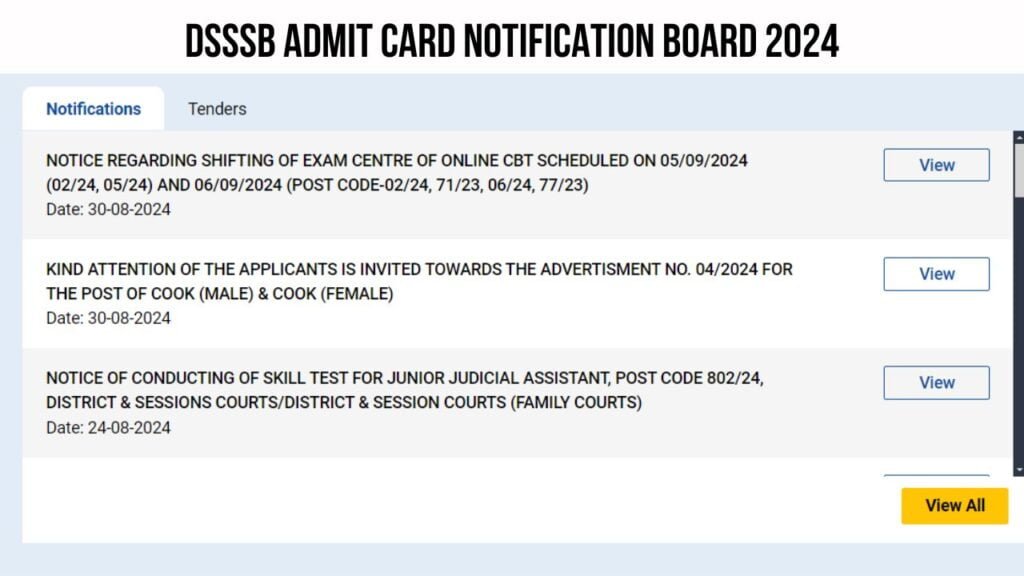 DSSSB Admit Card Notification Board