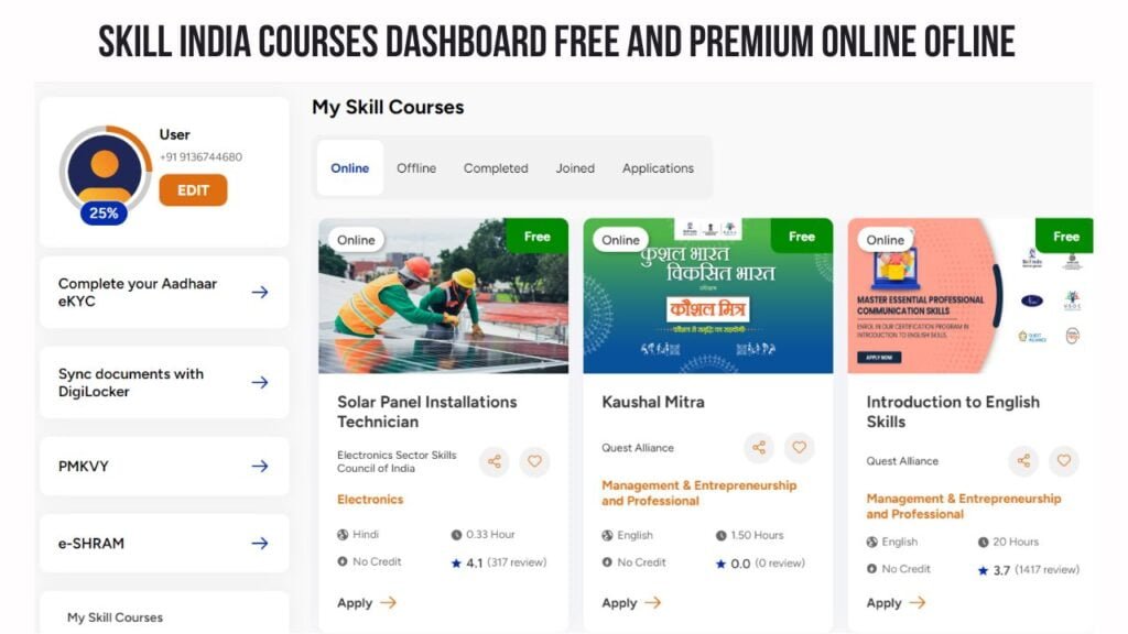 skill India courses Dashboard Free And Premium Online Ofline