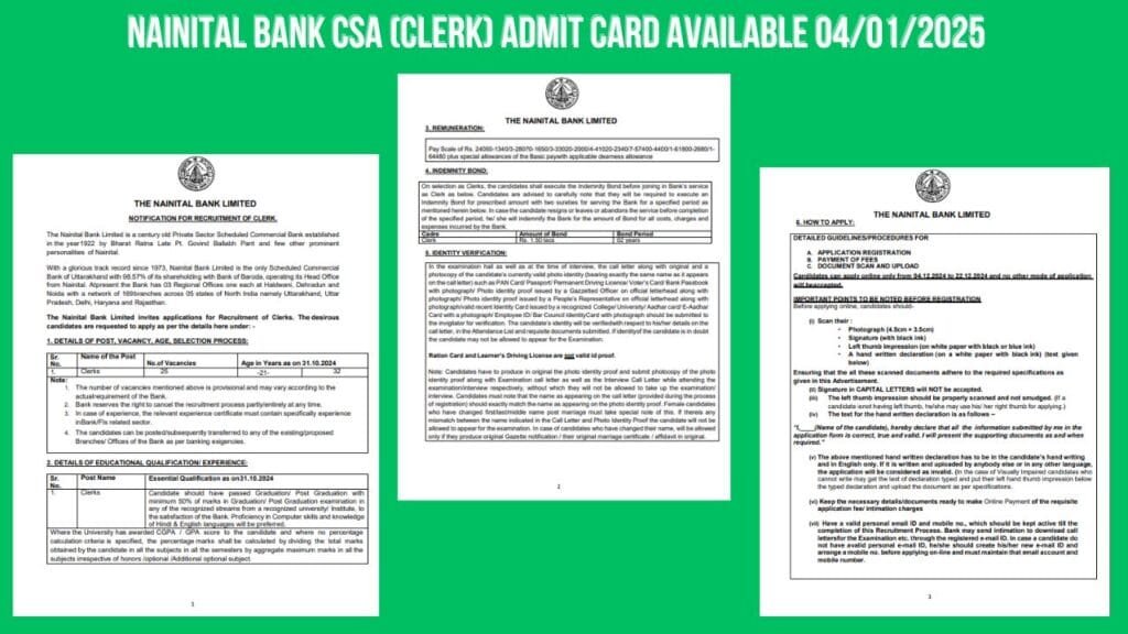 Nainital Bank CSA (Clerk) Admit Card Available 04 Jan 2025