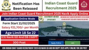 Read more about the article Join Indian Coast Guard Recruitment 2025 ICG Navik GD And DB CGEPT 2025 Apply Online for 300 Post