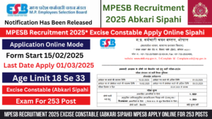 Read more about the article MPESB Recruitment 2025 Excise Constable (Abkari Sipahi) MPESB Apply Online for 253 Posts