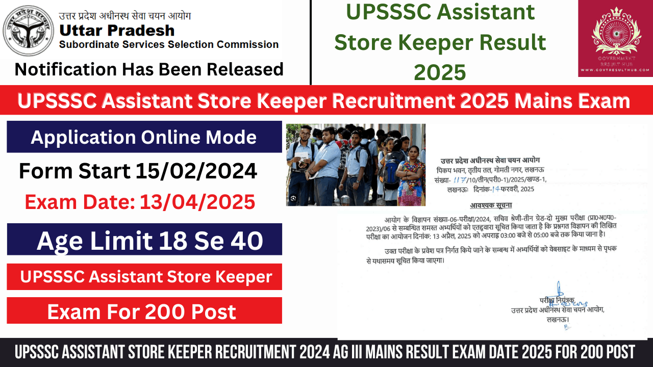 You are currently viewing UPSSSC Assistant Store Keeper Recruitment 2024 AG III Mains Result Exam Date 2025 for 200 Post