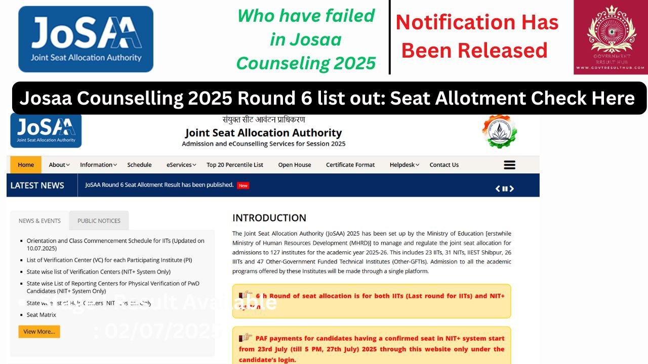 You are currently viewing Josaa Counselling 2025 Round 6 list out: Seat Allotment Check Here